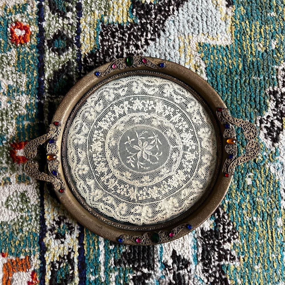 1920s Brass Jeweled Tray encased lace and footed